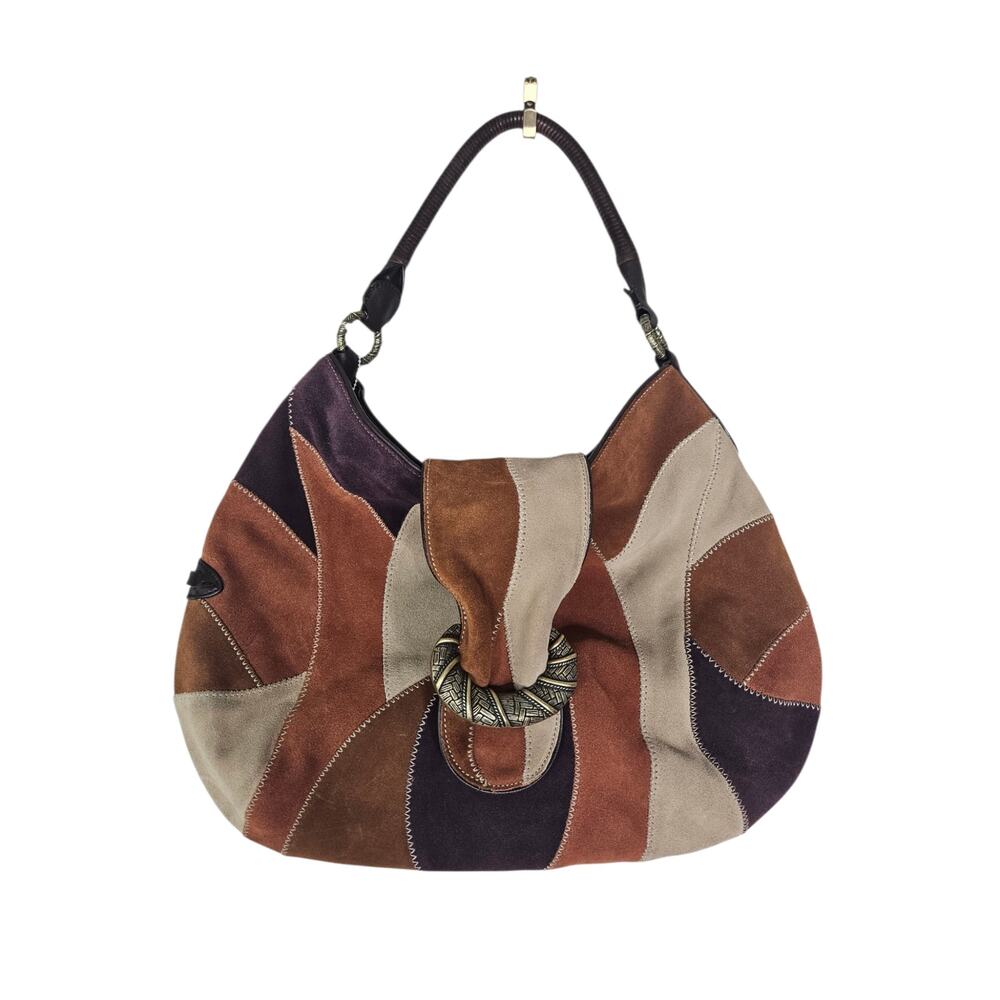 Vintage Y2K Cole Haan Brown Leather Patchwork Bag Boho Large Buckle Whimsygoth - Picture 2 of 6